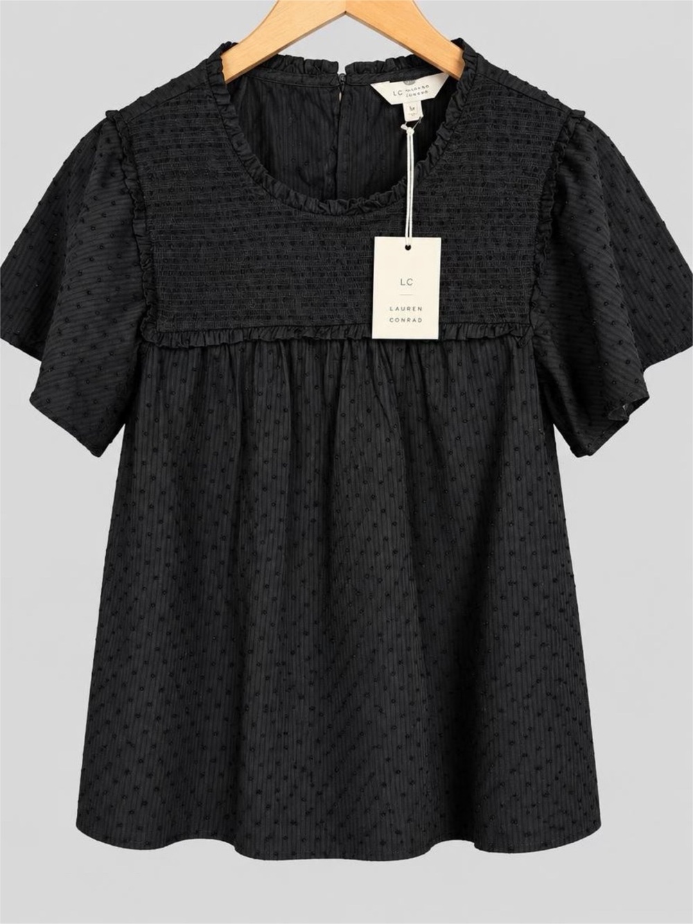 NWT LC Lauren Conrad Black Swiss Dot Smocked Yoke Blouse - M